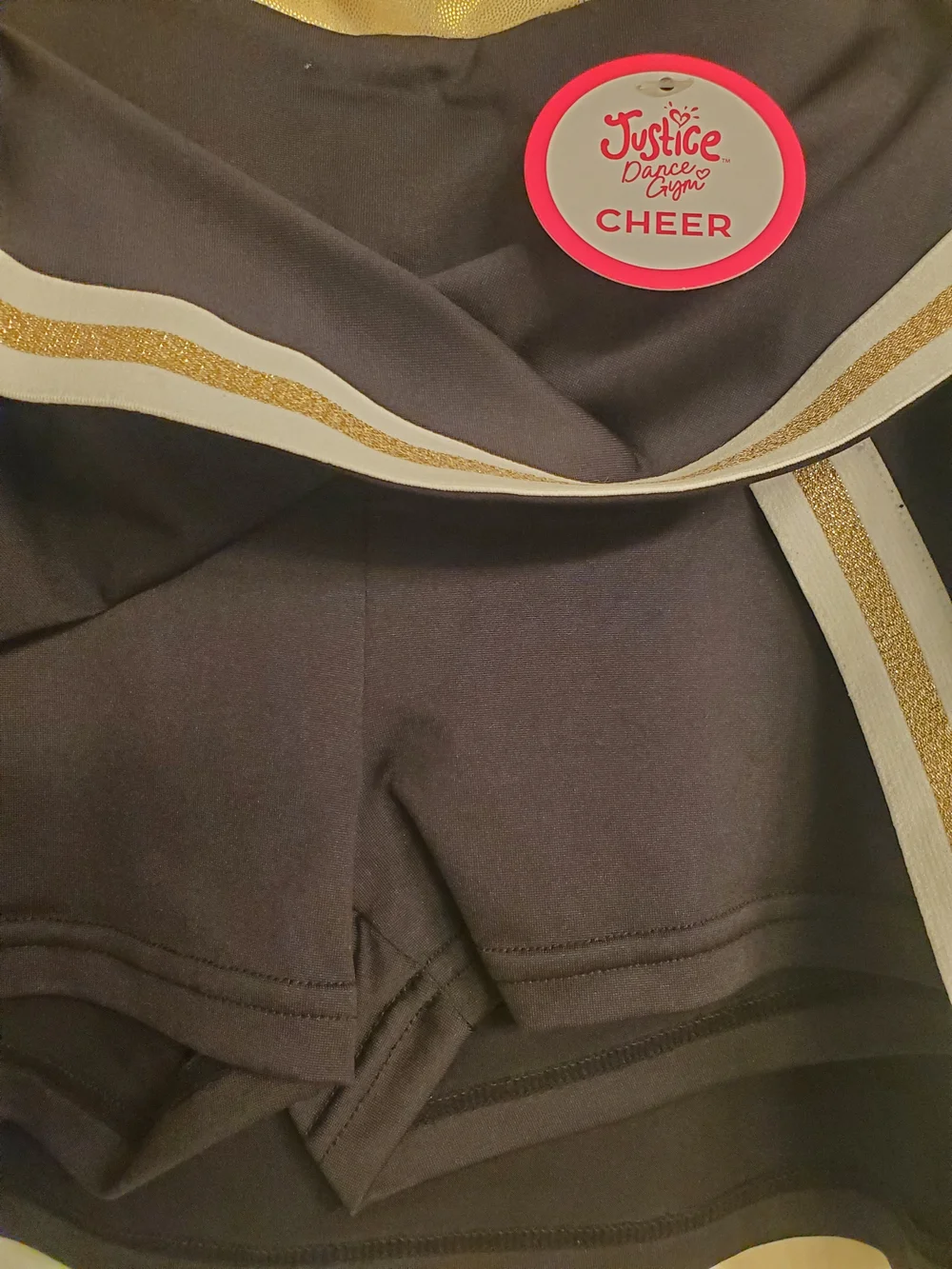 Justice Navy Cheer Skirt with Metallic Gold Waistband and White Stripe